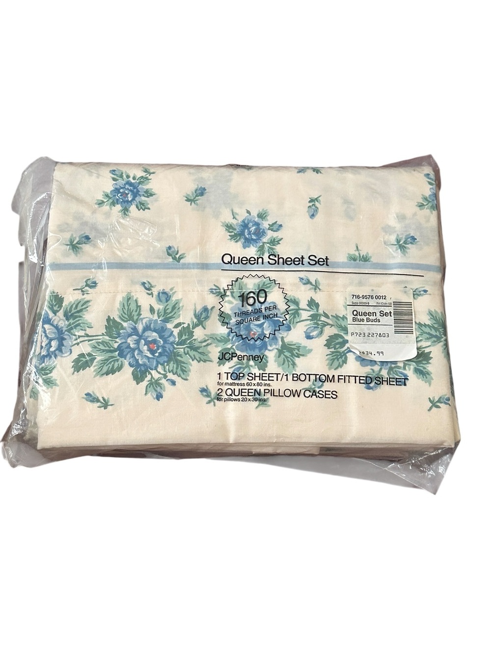 Vtg Sheet Set Cottage Core BlueIvory Floral QUEEN Flat Fitted 2 Pillowcases New